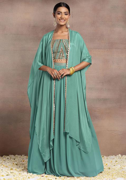 Seafoam Lehenga Set With Sequin Hand Embroidered Blouse And Cape
