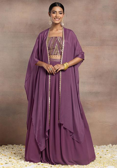 Old Mauve Lehenga Set With Sequin Hand Embroidered Blouse And Cape