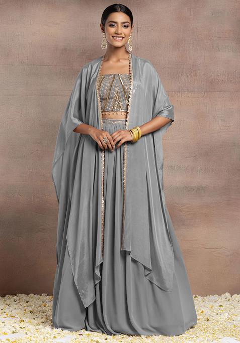 Grey Lehenga Set With Sequin Hand Embroidered Blouse And Cape