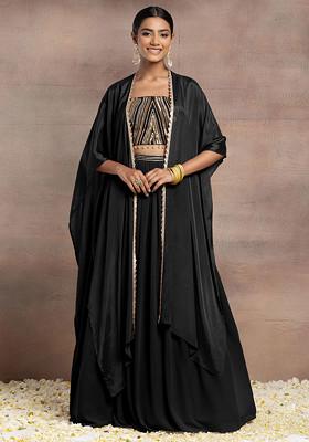 Black Lehenga Set With Sequin Hand Embroidered Blouse And Cape