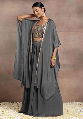 Charcoal Black Lehenga Set With Sequin Hand Embroidered Blouse And Cape