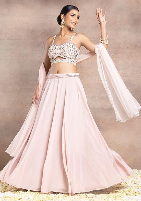 Blush Pink Lehenga Set With Sequin Dori Hand Embroidered Blouse And Dupatta