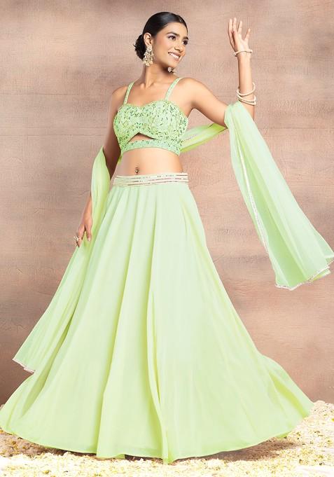 Light Green Lehenga Set With Sequin Dori Hand Embroidered Blouse And Dupatta