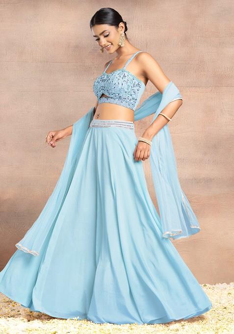 Light Blue Lehenga Set With Sequin Dori Hand Embroidered Blouse And Dupatta