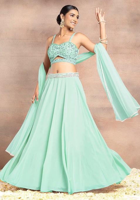 Mint Green Lehenga Set With Sequin Dori Hand Embroidered Blouse And Dupatta