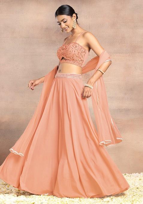 Salmon Pink Lehenga Set With Sequin Dori Hand Embroidered Blouse And Dupatta