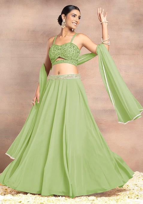 Light Olive Lehenga Set With Sequin Dori Hand Embroidered Blouse And Dupatta