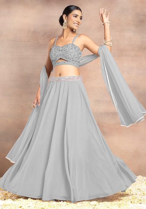 Grey Lehenga Set With Sequin Dori Hand Embroidered Blouse And Dupatta