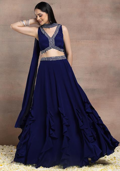 Indigo Blue Ruffled Lehenga Set With Sequin Pearl Hand Embroidered Blouse And Dupatta