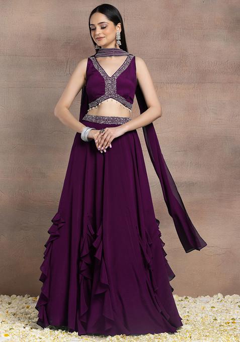 Dark Purple Ruffled Lehenga Set With Sequin Pearl Hand Embroidered Blouse And Dupatta