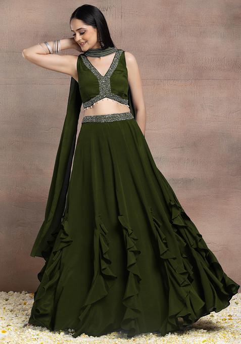 Olive Green Ruffled Lehenga Set With Sequin Pearl Hand Embroidered Blouse And Dupatta