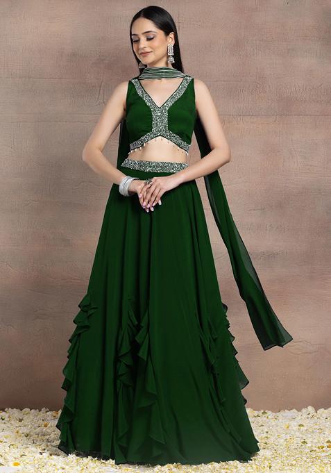 Emerald Green Ruffled Lehenga Set With Sequin Pearl Hand Embroidered Blouse And Dupatta