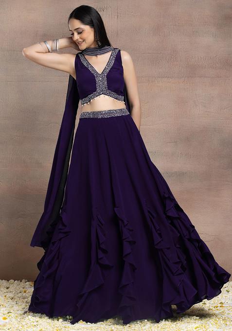 Purple Ruffled Lehenga Set With Sequin Pearl Hand Embroidered Blouse And Dupatta