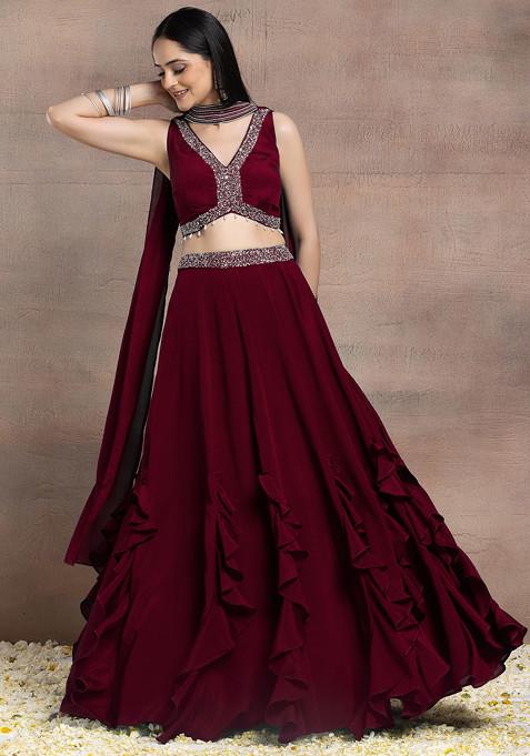 Crimson Red Ruffled Lehenga Set With Sequin Pearl Hand Embroidered Blouse And Dupatta