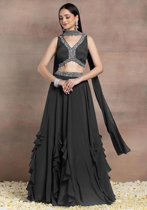 Charcoal Black Ruffled Lehenga Set With Sequin Pearl Hand Embroidered Blouse And Dupatta