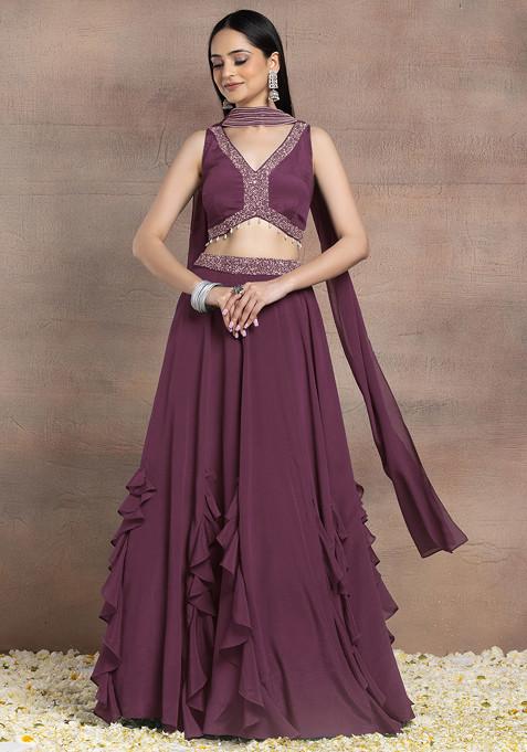 Old Mauve Ruffled Lehenga Set With Sequin Pearl Hand Embroidered Blouse And Dupatta