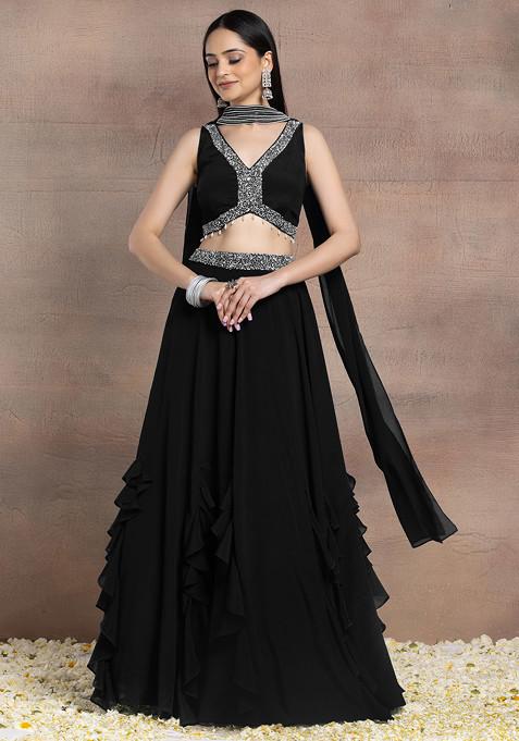 Black Ruffled Lehenga Set With Sequin Pearl Hand Embroidered Blouse And Dupatta