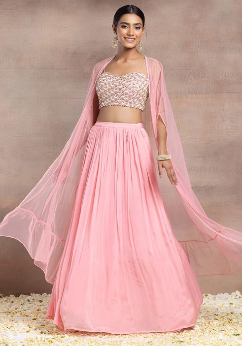 Pastel Pink Lehenga Set With Sequin Pearl Hand Embroidered Blouse And Mesh Jacket