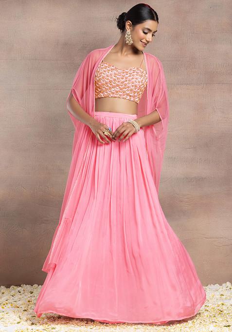 Pink Lehenga Set With Sequin Pearl Hand Embroidered Blouse And Mesh Jacket