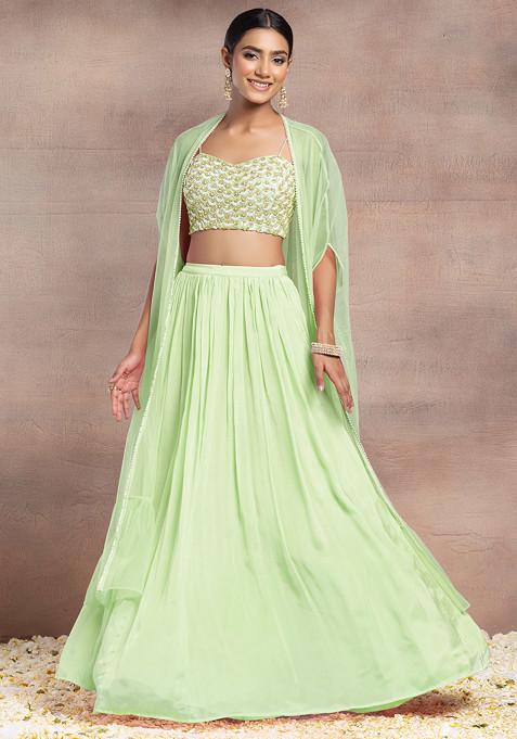 Pastel Green Lehenga Set With Sequin Pearl Hand Embroidered Blouse And Mesh Jacket