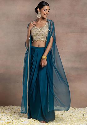Teal Blue Draped Lehenga Set With Gold Dori Sequin Hand Embroidered Blouse And Mesh Jacket
