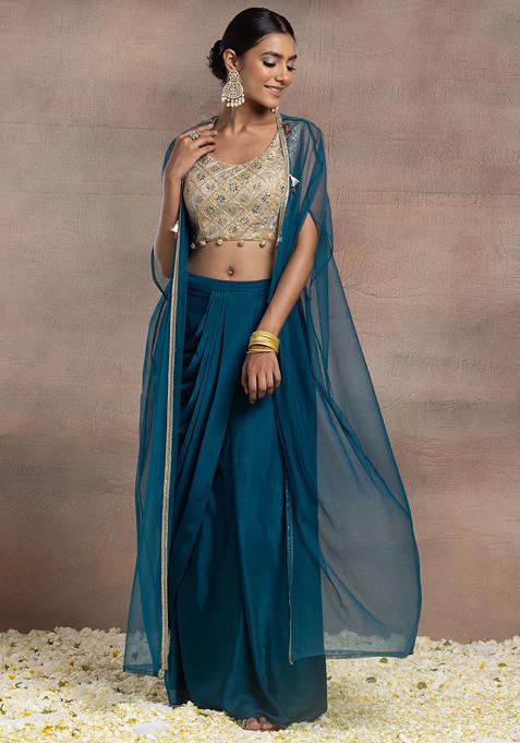 Teal Blue Draped Lehenga Set With Gold Dori Sequin Hand Embroidered Blouse And Mesh Jacket