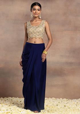 Indigo Blue Draped Lehenga Set With Gold Dori Sequin Hand Embroidered Blouse And Mesh Jacket