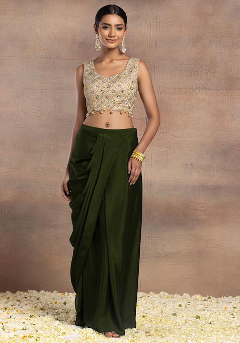 Olive Green Draped Lehenga Set With Gold Dori Sequin Hand Embroidered Blouse And Mesh Jacket