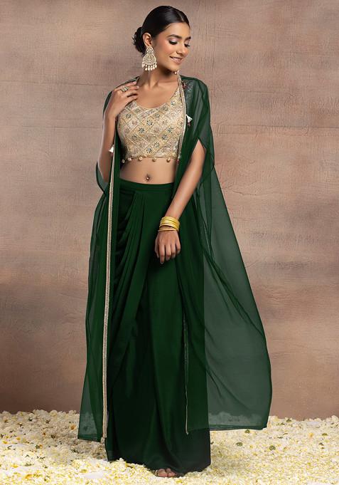 Emerald Green Draped Lehenga Set With Gold Dori Sequin Hand Embroidered Blouse And Mesh Jacket