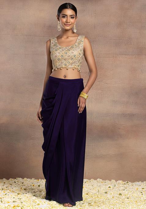 Purple Draped Lehenga Set With Gold Dori Sequin Hand Embroidered Blouse And Mesh Jacket