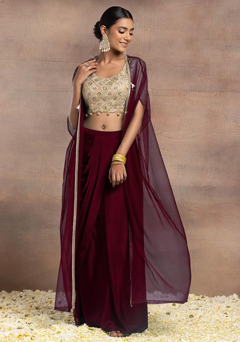 Crimson Red Draped Lehenga Set With Gold Dori Sequin Hand Embroidered Blouse And Mesh Jacket