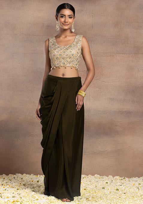 Copper Draped Lehenga Set With Gold Dori Sequin Hand Embroidered Blouse And Mesh Jacket