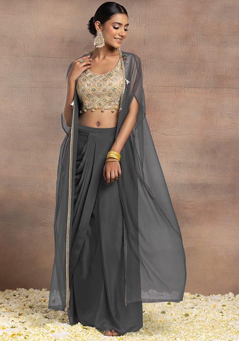 Charcoal Black Draped Lehenga Set With Gold Dori Sequin Hand Embroidered Blouse And Mesh Jacket
