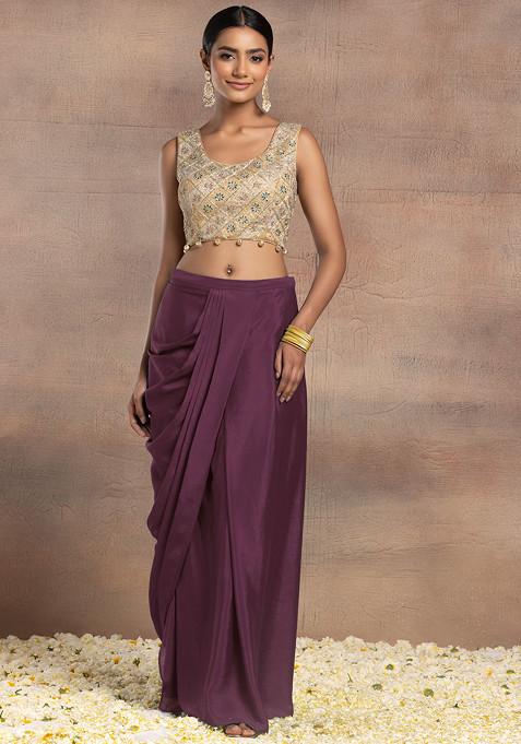 Old Mauve Draped Lehenga Set With Gold Dori Sequin Hand Embroidered Blouse And Mesh Jacket