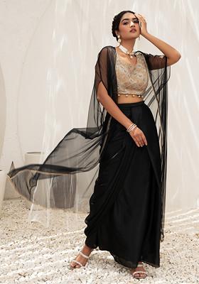Black Draped Lehenga Set With Gold Dori Sequin Hand Embroidered Blouse And Mesh Jacket