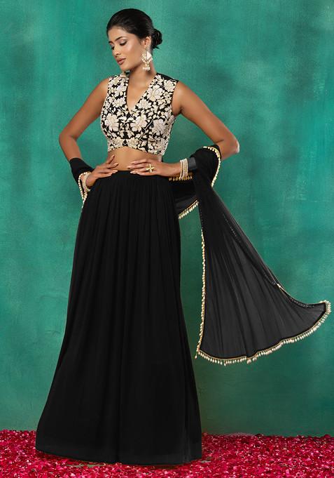 Black Lehenga Set With Floral Sequin Hand Embroidered Blouse And Choker Dupatta