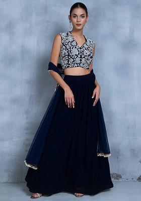Indigo Blue Lehenga Set With Floral Sequin Hand Embroidered Blouse And Choker Dupatta