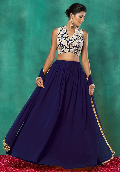 Indigo Blue Lehenga Set With Floral Sequin Hand Embroidered Blouse And Choker Dupatta