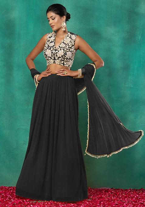 Charcoal Black Lehenga Set With Floral Sequin Hand Embroidered Blouse And Choker Dupatta