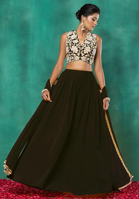 Dark Brown Lehenga Set With Floral Sequin Hand Embroidered Blouse And Choker Dupatta