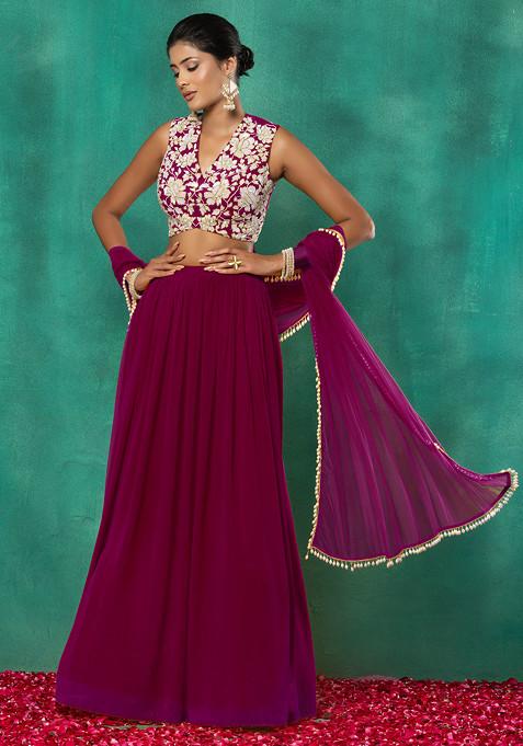 Dark Purple Lehenga Set With Floral Sequin Hand Embroidered Blouse And Choker Dupatta