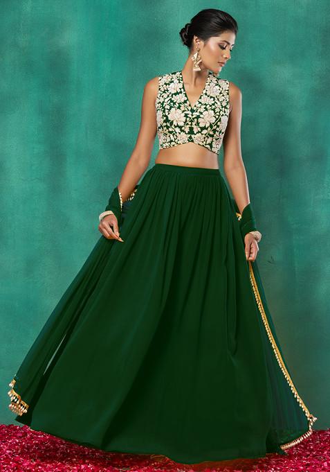 Emerald Green Lehenga Set With Floral Sequin Hand Embroidered Blouse And Choker Dupatta