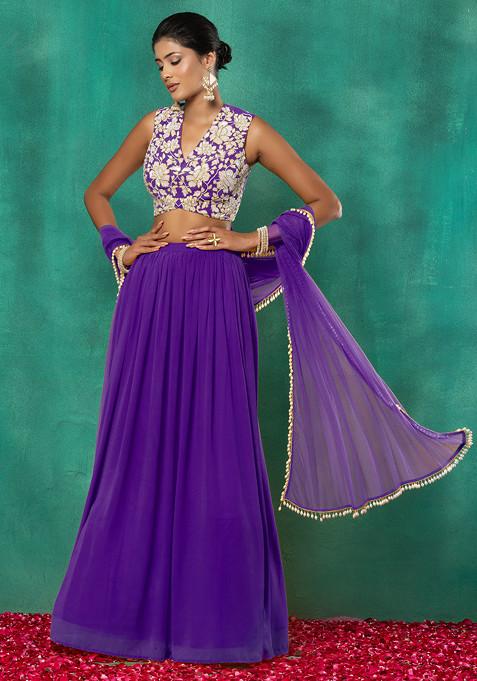 Purple Lehenga Set With Floral Sequin Hand Embroidered Blouse And Choker Dupatta