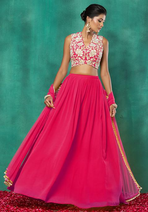 Hot Pink Lehenga Set With Floral Sequin Hand Embroidered Blouse And Choker Dupatta