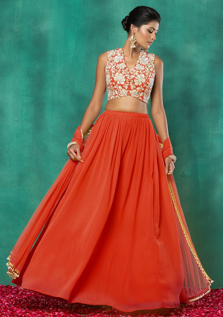 Yellow chiffon lehenga hotsell and crop top set, festive skirt and blouse set