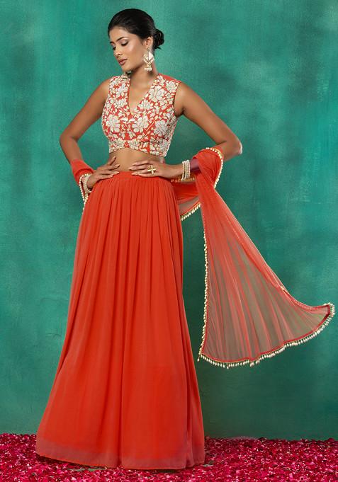 Orange Lehenga Set With Floral Sequin Hand Embroidered Blouse And Choker Dupatta