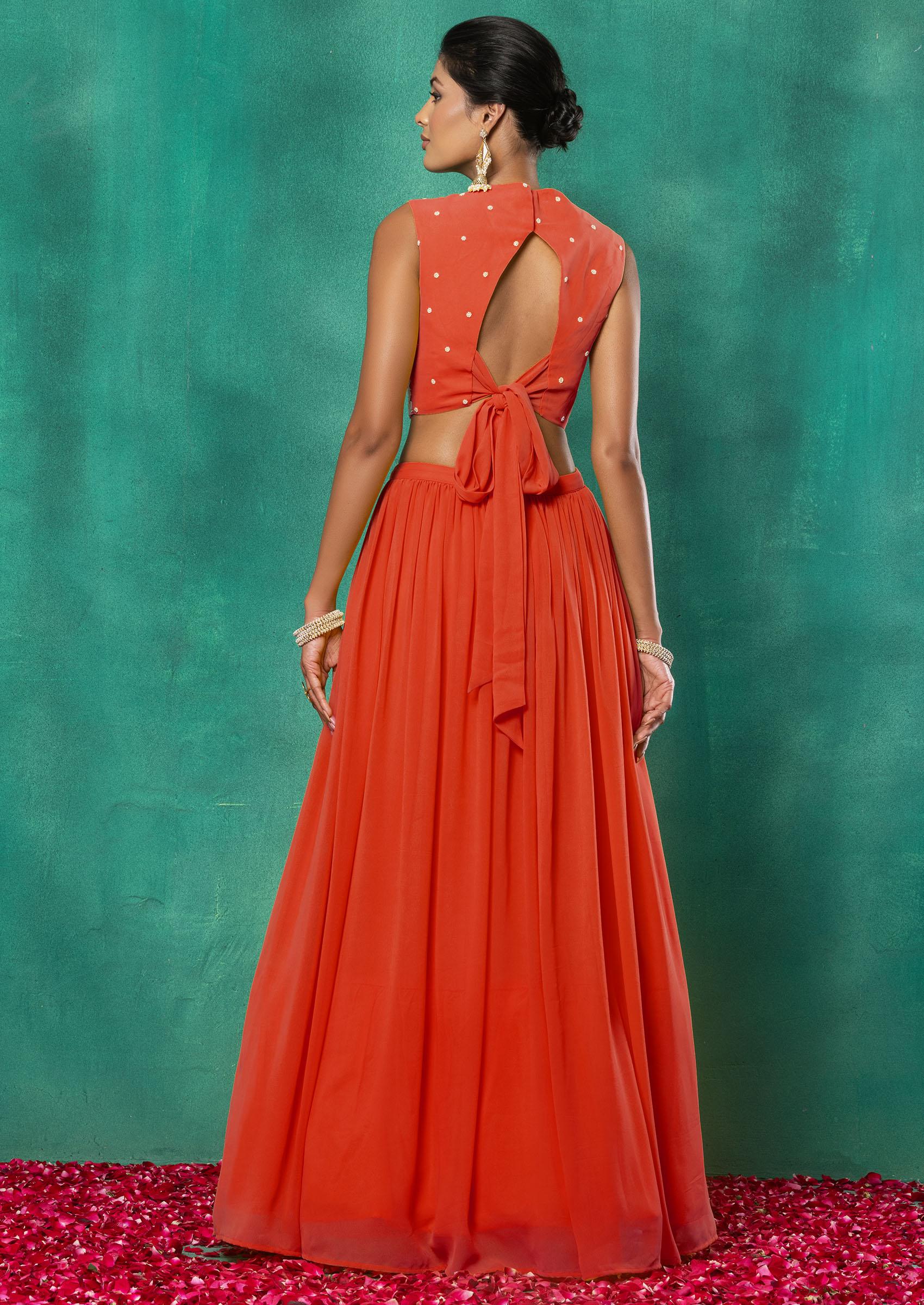 Buy Women Orange Lehenga Set With Floral Sequin Hand