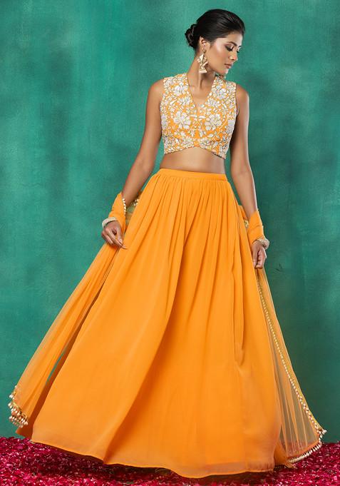 Mustard Yellow Lehenga Set With Floral Sequin Hand Embroidered Blouse And Choker Dupatta