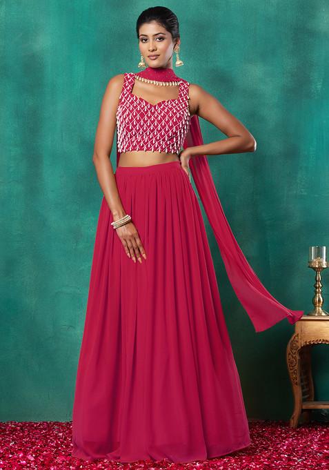 Hot Pink Lehenga Set With Geometric Pearl Hand Embroidered Blouse And Choker Dupatta