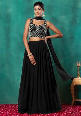Black Lehenga Set With Geometric Pearl Hand Embroidered Blouse And Choker Dupatta